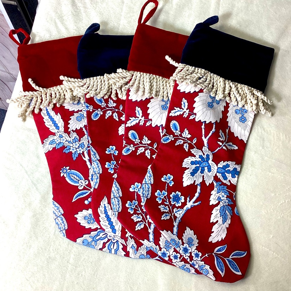 NWOT French Country Christmas Stockings‎ Floral 4 Reversible Red Blue Velvet